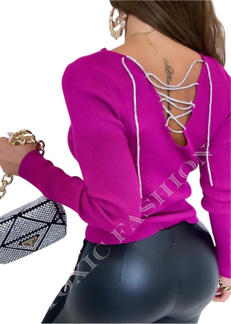 Sweter Rozowy Damski Bluzka Sznurowane Plecy